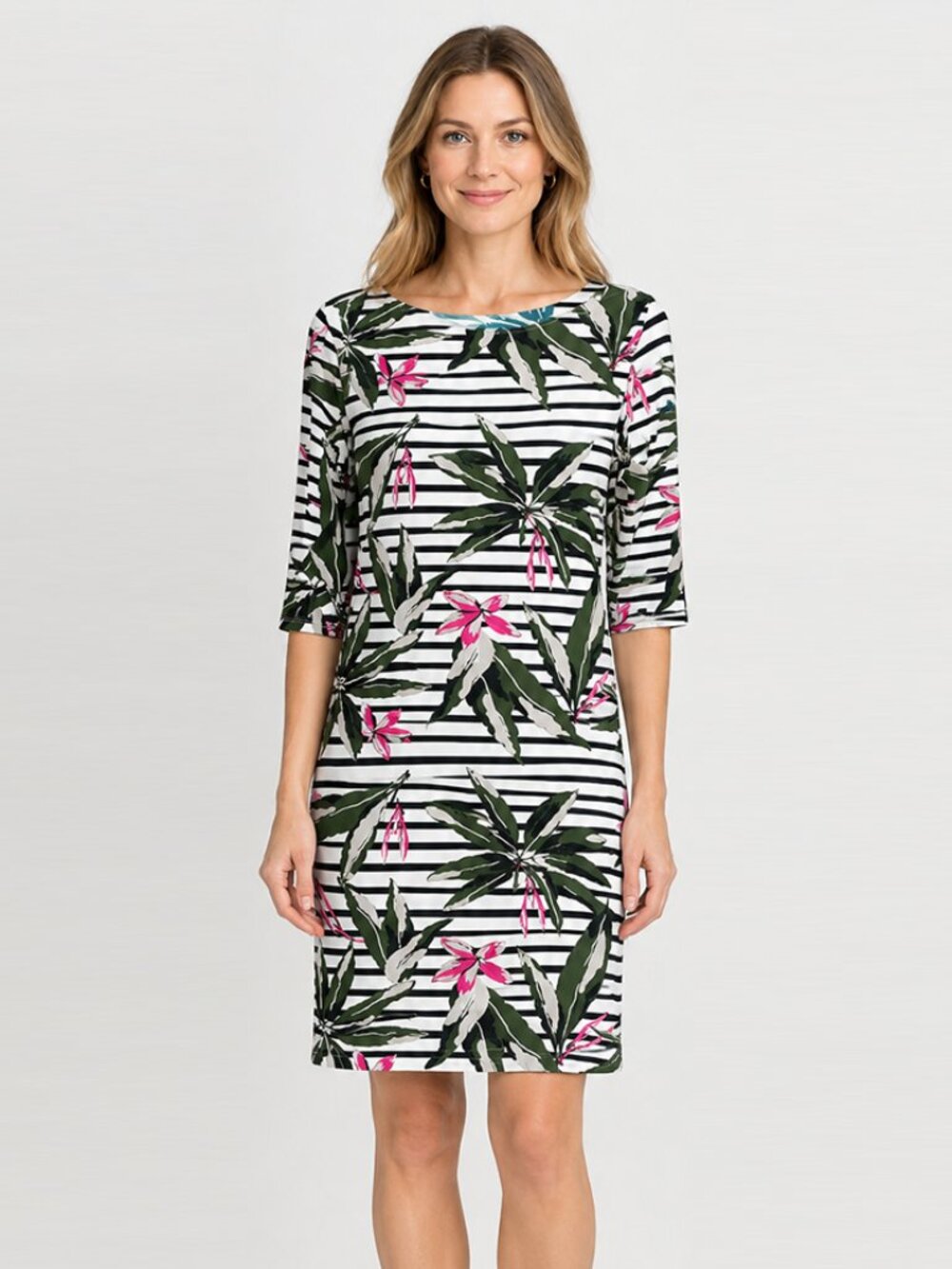 Saint James Propriano Anti-UV Stretch Striped Palm Floral 3/4 Sleeve Dress, sz 6